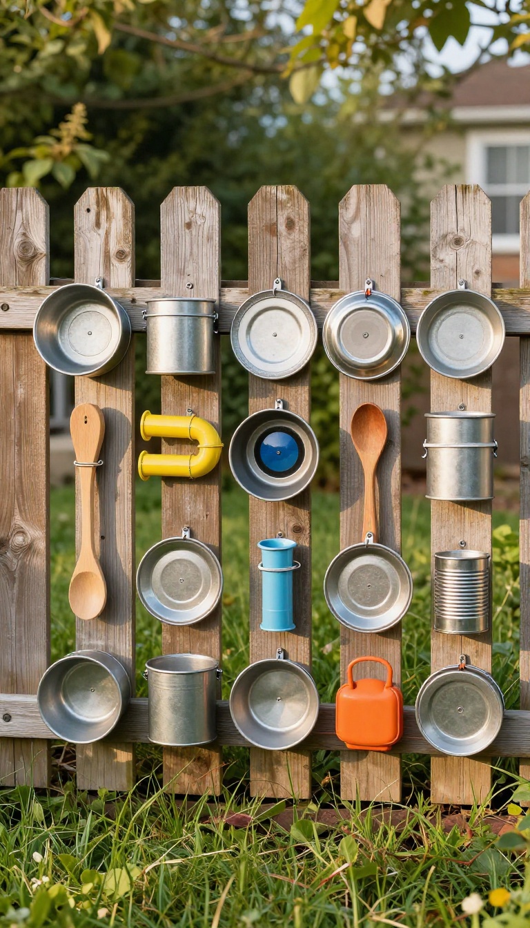 DIY backyard music wall for kids made from recycled pots, pans, and PVC pipes mounted on a fence