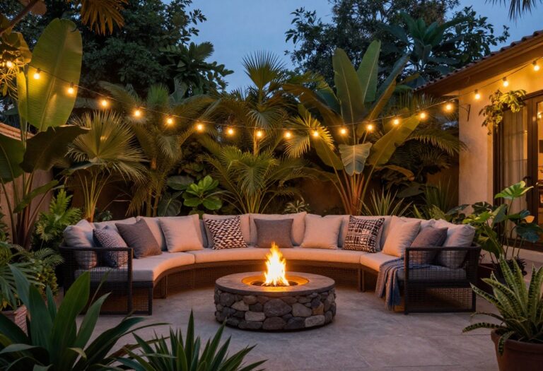 Cozy backyard with string lights, comfortable seating, and a fire pit at dusk.