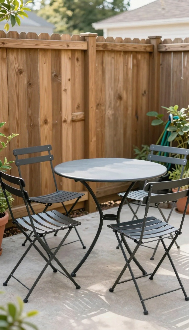 Small round bistro table with two slim chairs tucked against a fence on a narrow backyard patio in bright natural light