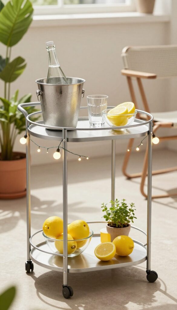 A compact bar cart on a small patio, stocked with drinks and accessories, surrounded by plants and warm sunlight.