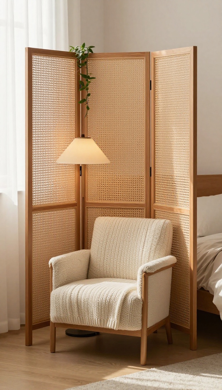 Cozy small bedroom nook created with a folding room divider screen, armchair, and warm lamp in bright natural light