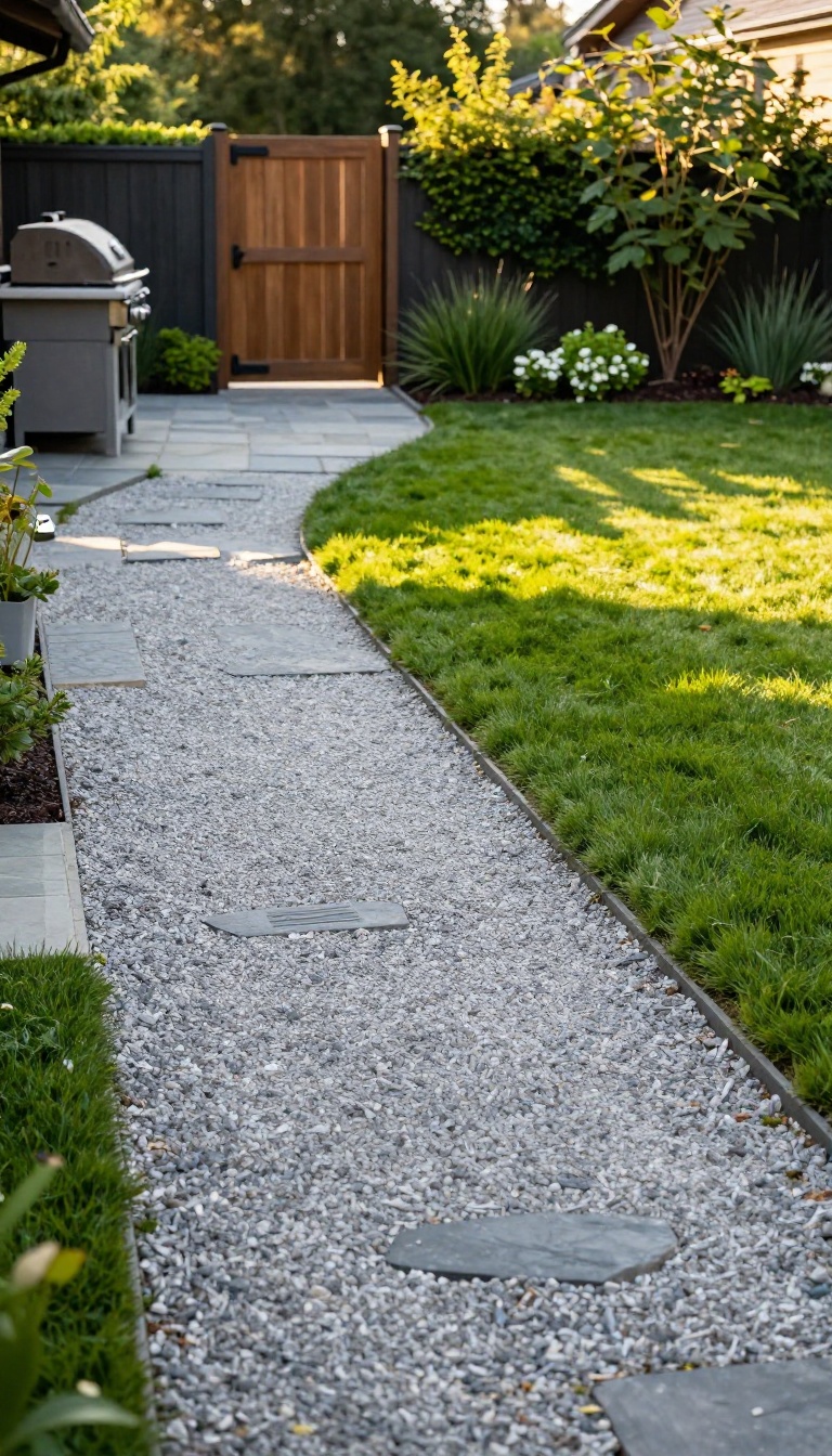 Gravel main path winding through a large backyard, connecting a patio, lawn, planting bed, and grill area