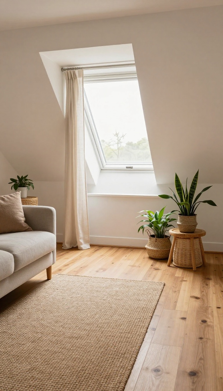 Bright attic living room with clustered houseplants on a wooden stool, jute rug, linen curtains, and rattan accents in natural light