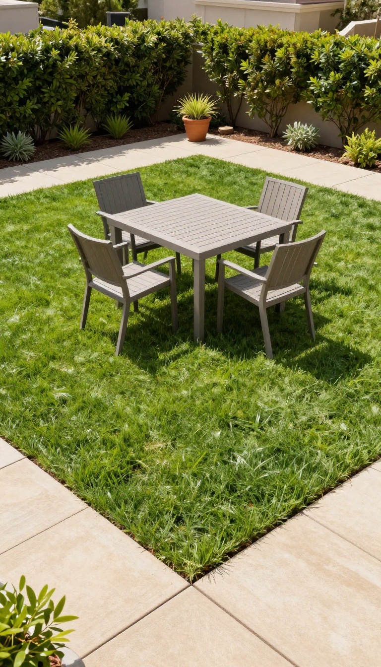 Small green lawn beside a square paver patio with an outdoor dining table and chairs, separated by a clean edging strip in a sunny backyard