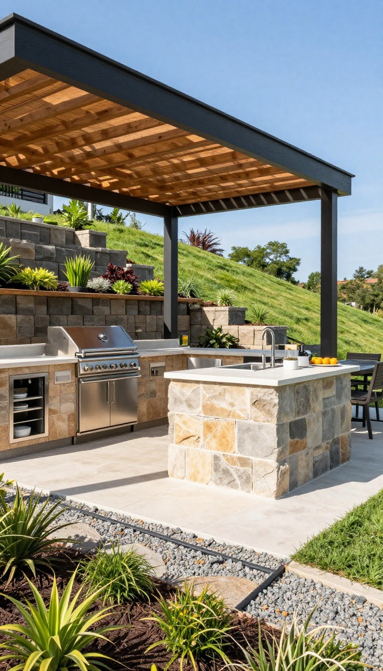 Sloped backyard transformed into a zoned outdoor kitchen with a level paver pad, retaining wall, L-shaped counter, grill, and slatted pergola shade.