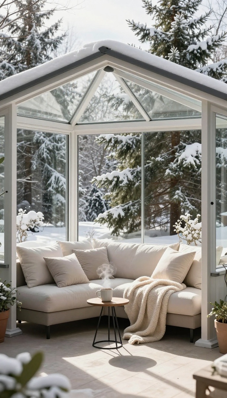 Glass-paneled backyard gazebo sunroom with cozy seating and winter views through clear sliding panels