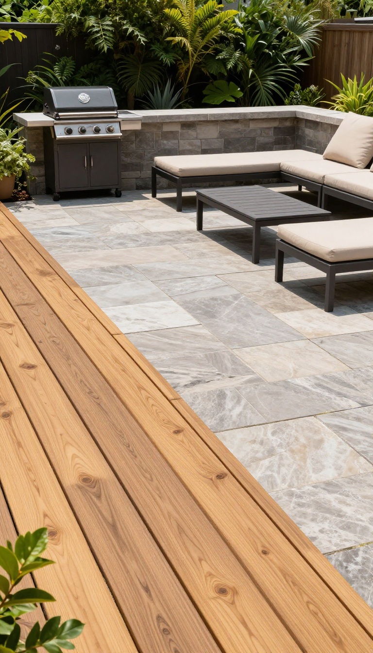 Backyard patio with a mixed-material design where stone pavers transition into a wood deck lounge area