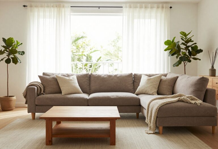 Cozy living room with a taupe sofa, textured pillows, and natural light