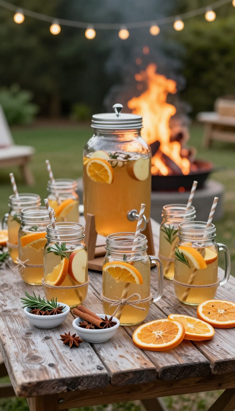 Mason jars filled with cider and citrus drinks with paper straws beside a garnish station of cinnamon sticks, rosemary, and dried orange wheels at a backyard bonfire party