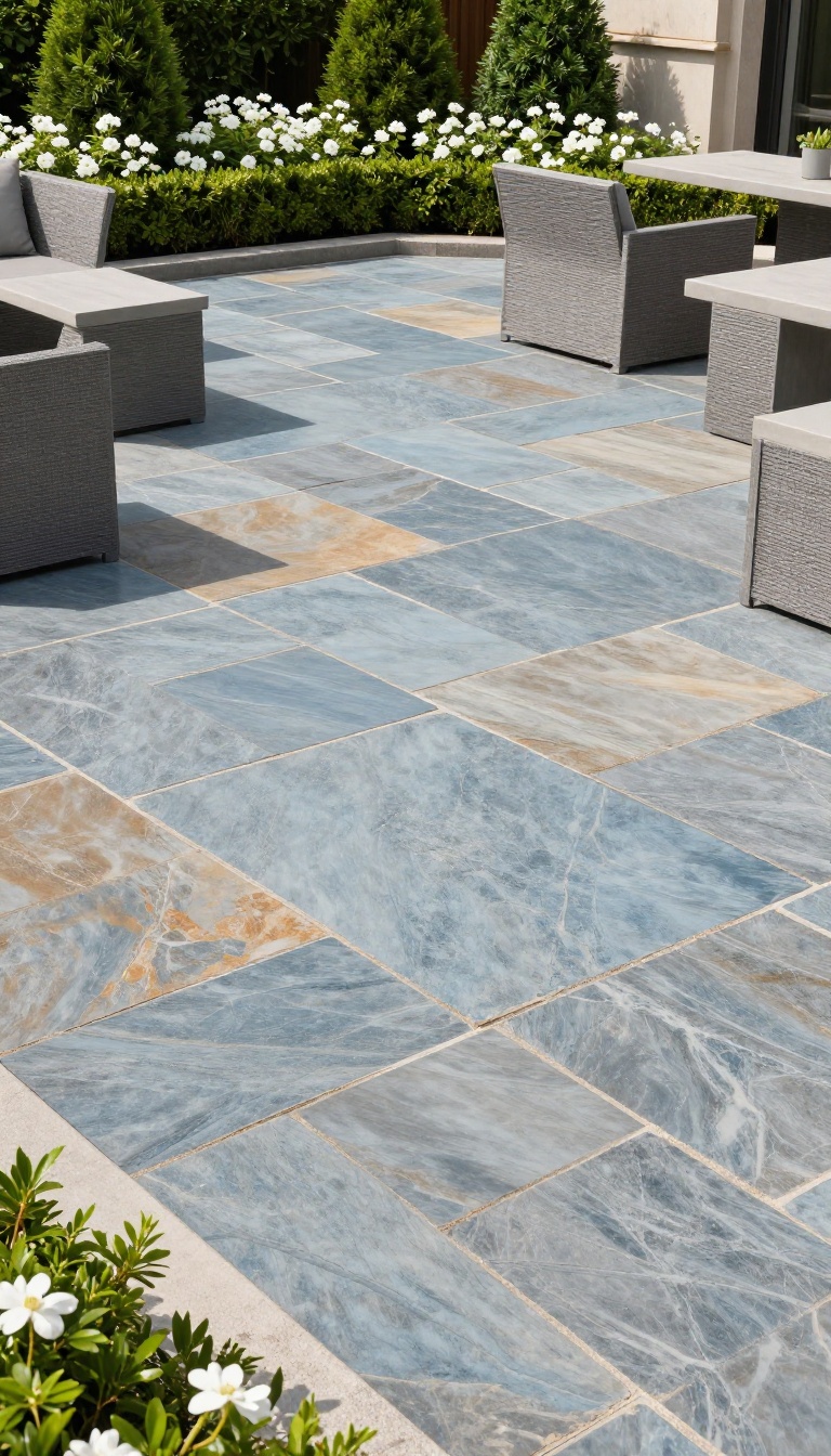 Formal bluestone patio with herringbone pattern and elegant landscaping