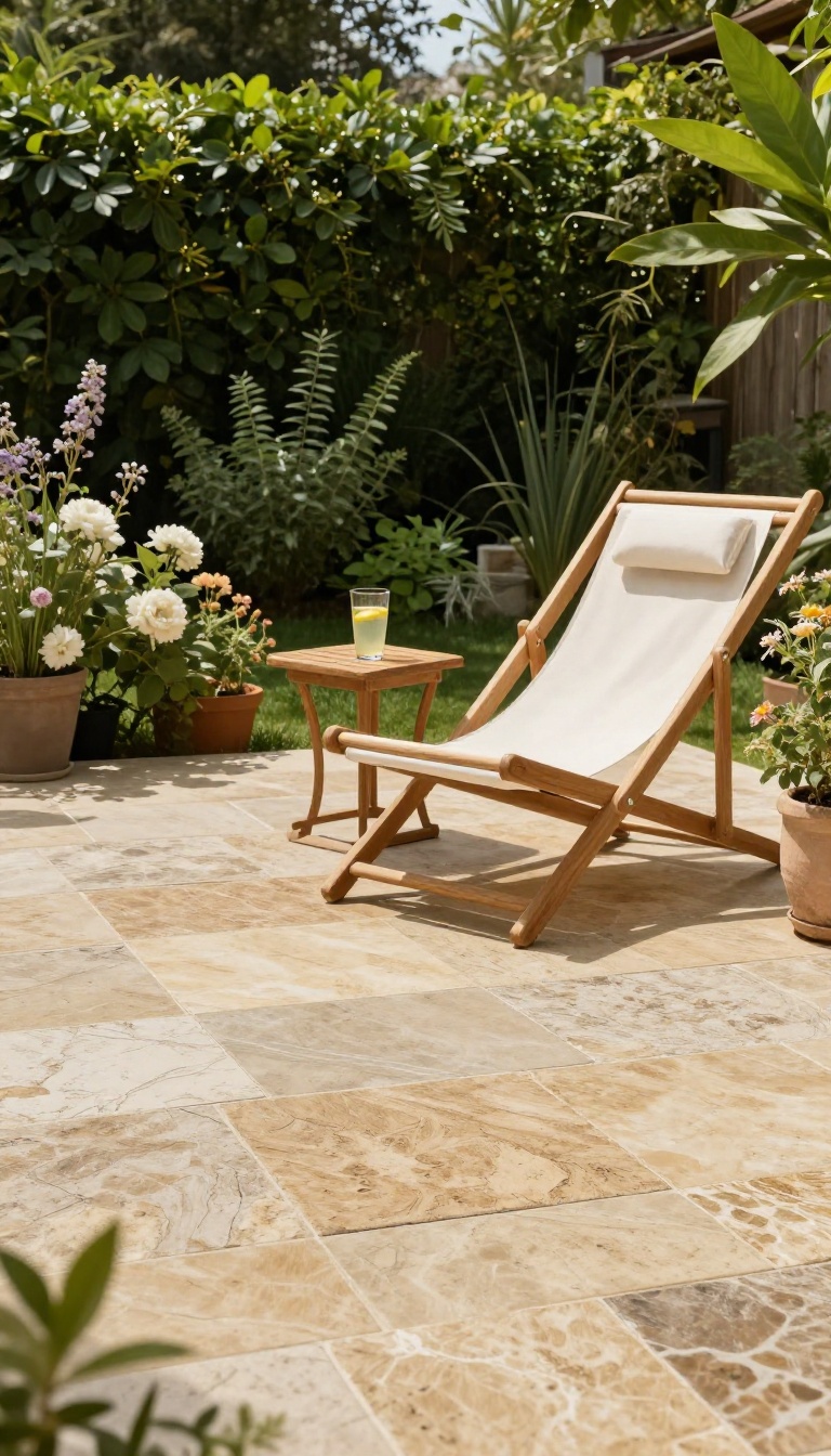 Natural stone patio floor with earthy tones, surrounded by greenery and outdoor furniture