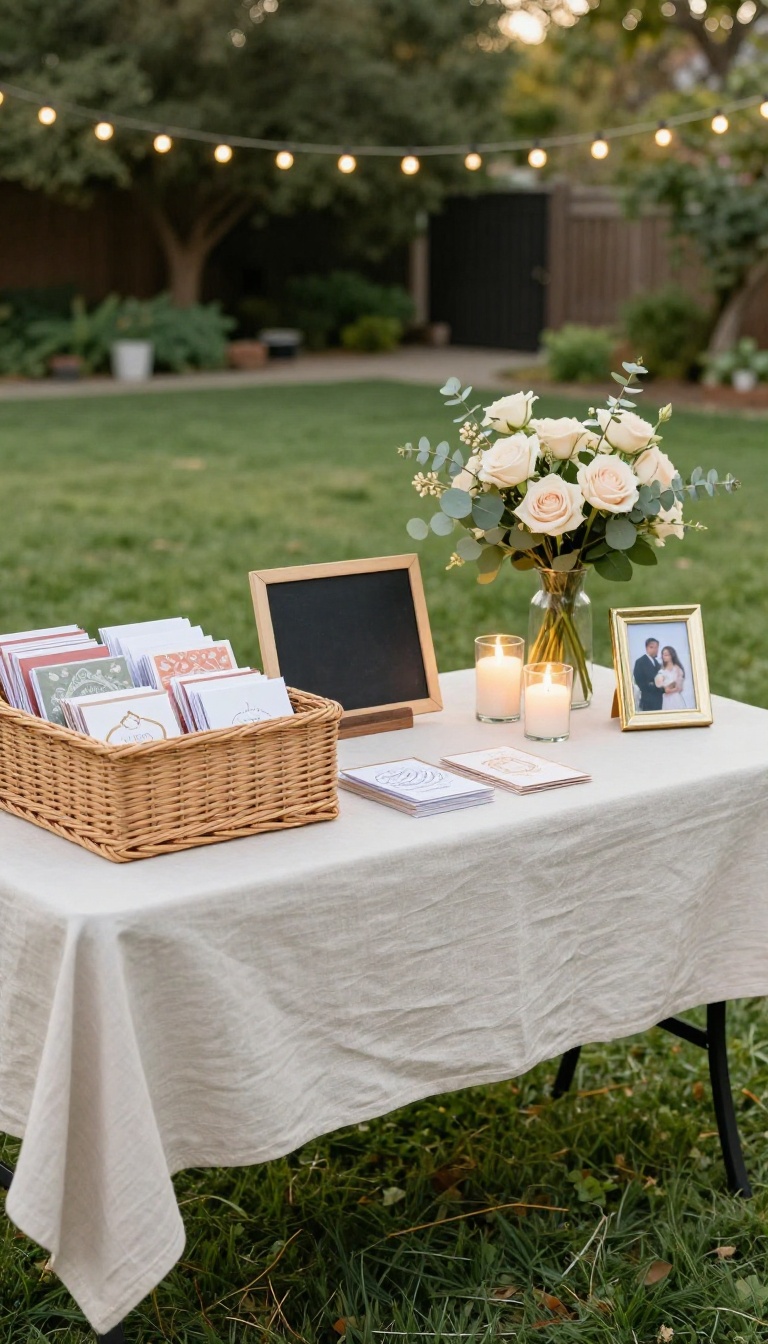 Backyard engagement party gift and card table with linen cloth, card basket, gift crate, flowers, and candles near a garden gate