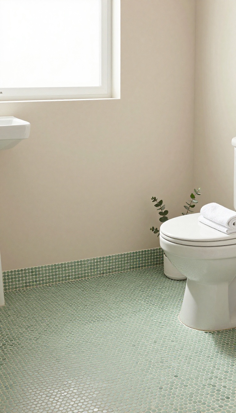 Matte sage green penny round mosaic floor tiles curving around a pedestal sink in a small bright modern bathroom