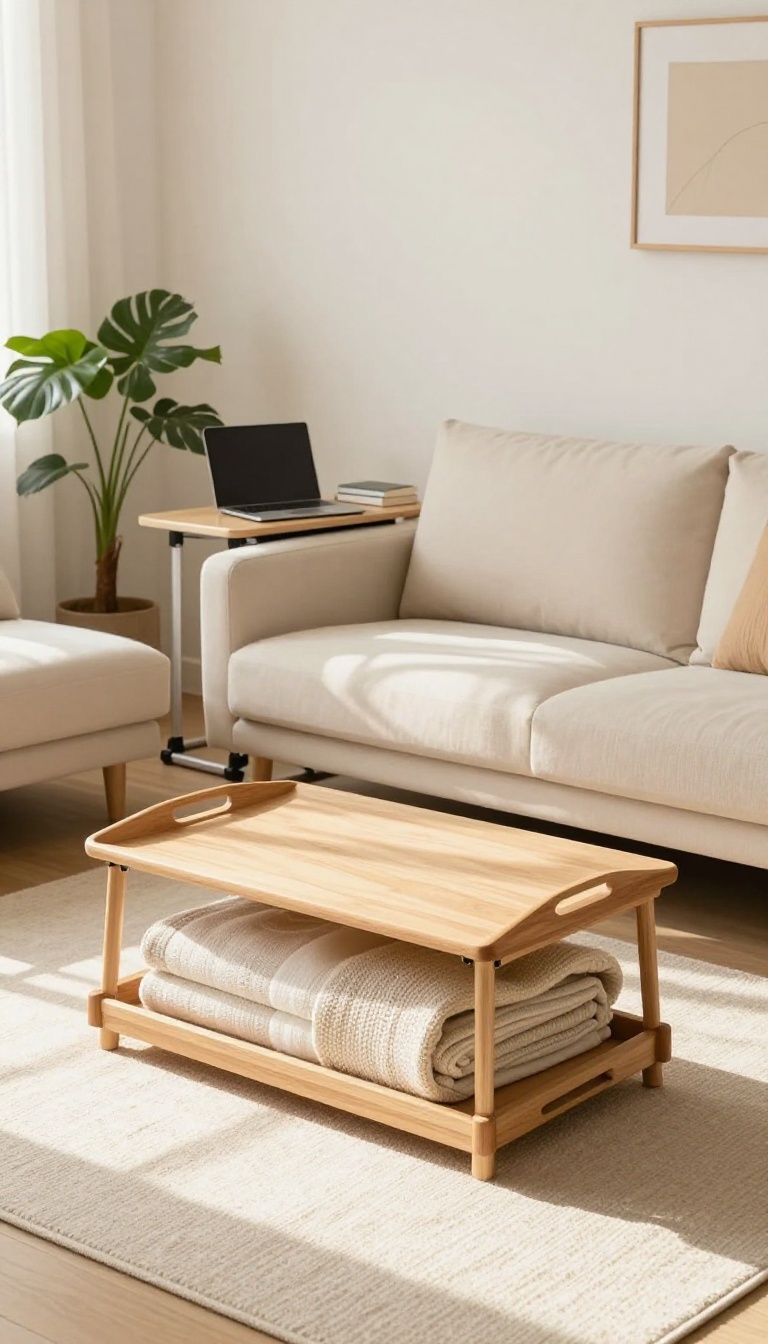 College living room with multi-functional furniture: storage ottoman, foldable desk, and futon sofa.