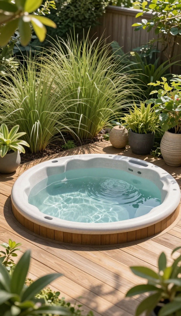 Small hot tub surrounded by tall planters filled with ornamental grasses and greenery in a sunny backyard