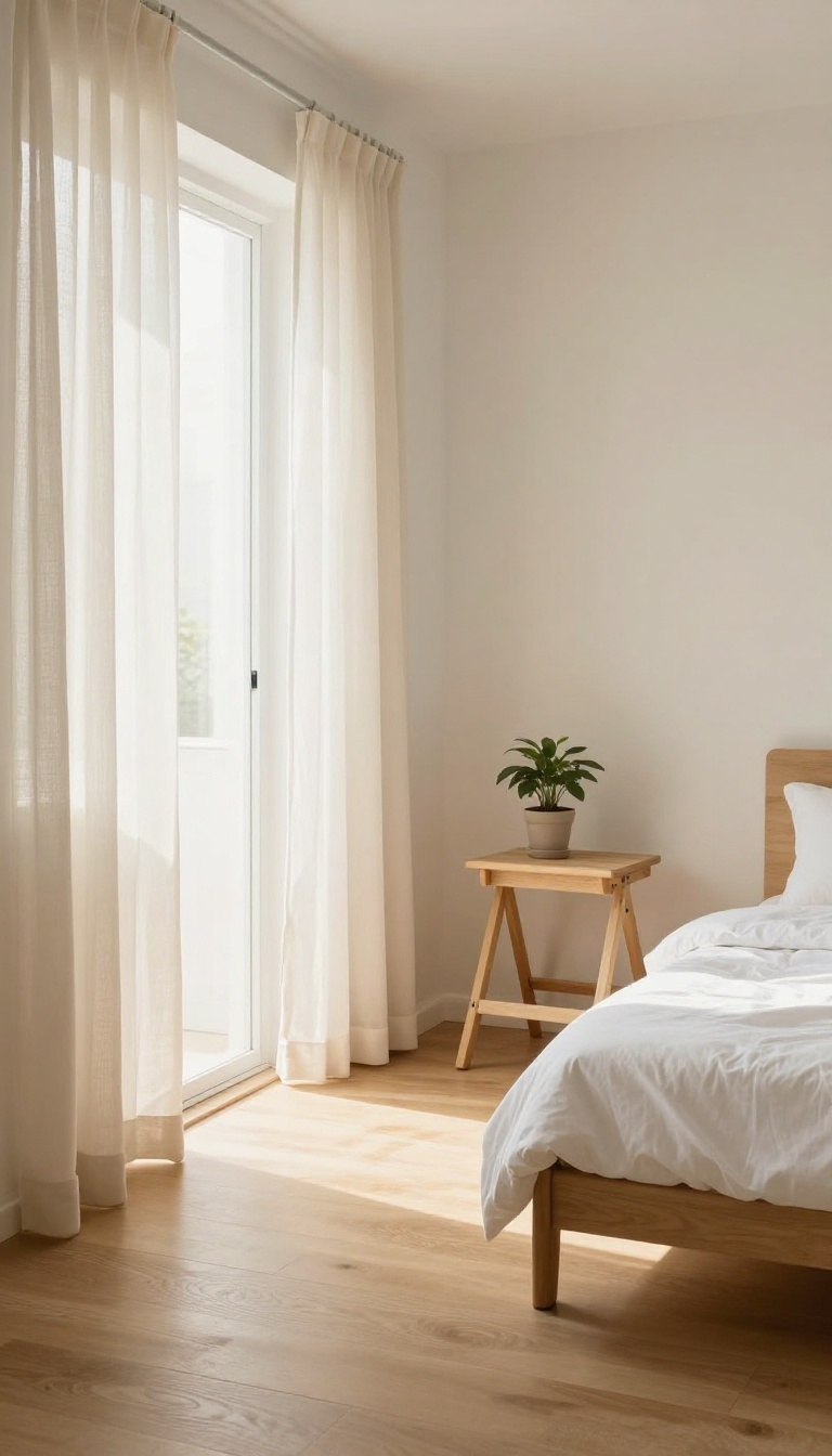 Small bright bedroom with a slim folding stool tucked against the wall beside a low bed, keeping the floor path clear and open