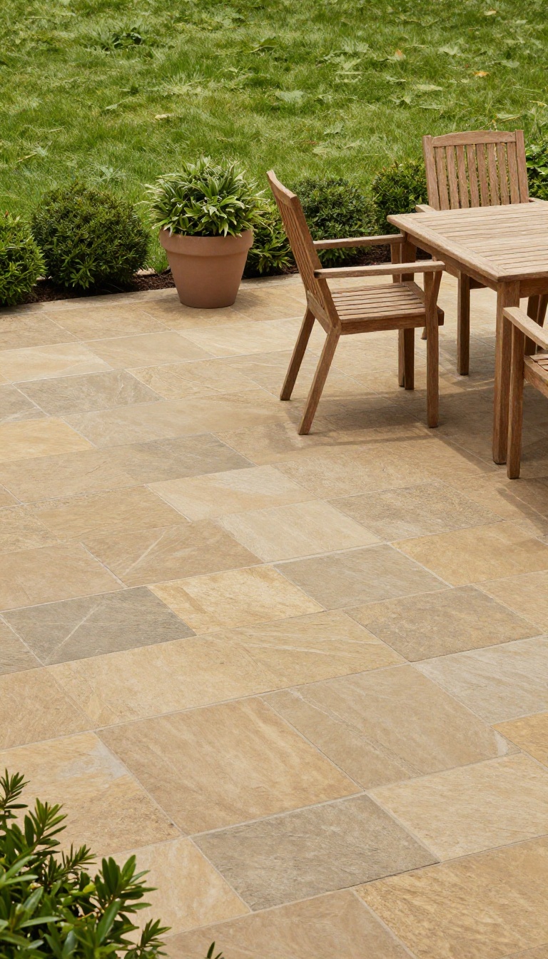 A beautiful stamped concrete patio with an ashlar slate pattern, surrounded by greenery and furnished with outdoor seating.