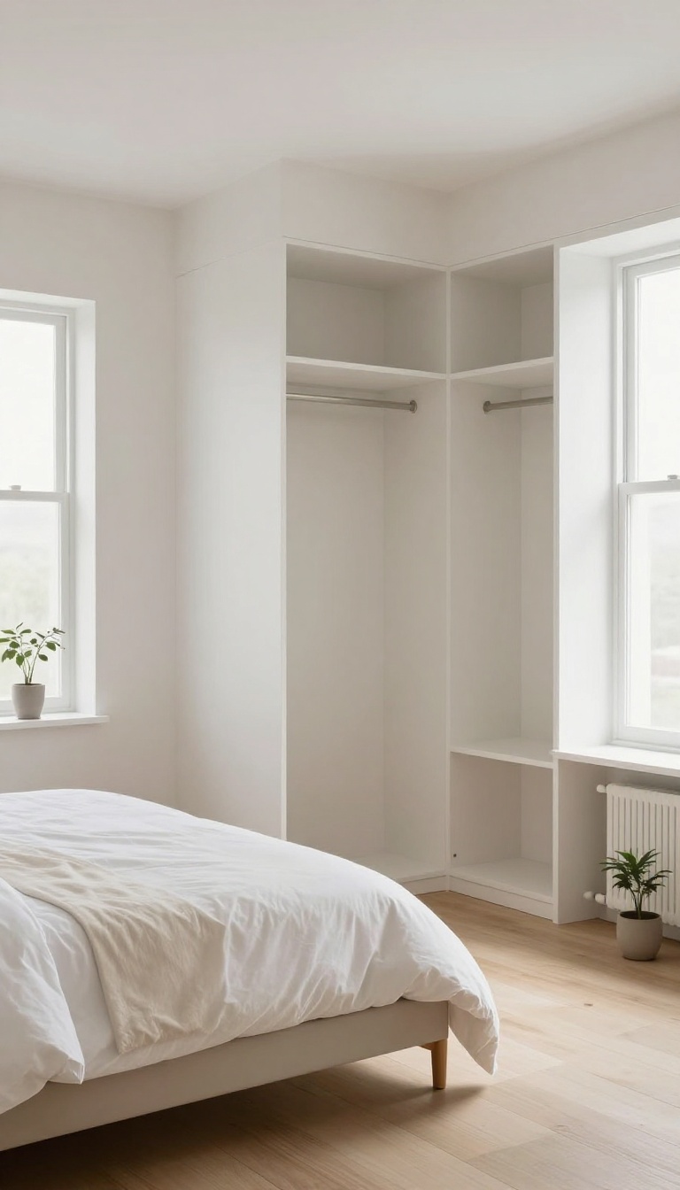 Minimalist small bedroom with a floor-to-ceiling built-in closet with flush white doors blending into the wall, bright natural light, and a neatly made bed with neutral linens