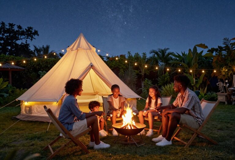 Family enjoying a backyard camping night with a tent, string lights, and a fire pit.