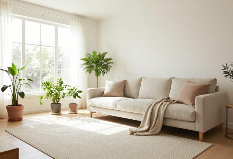 Modern Bloxburg living room with neutral decor and cozy seating