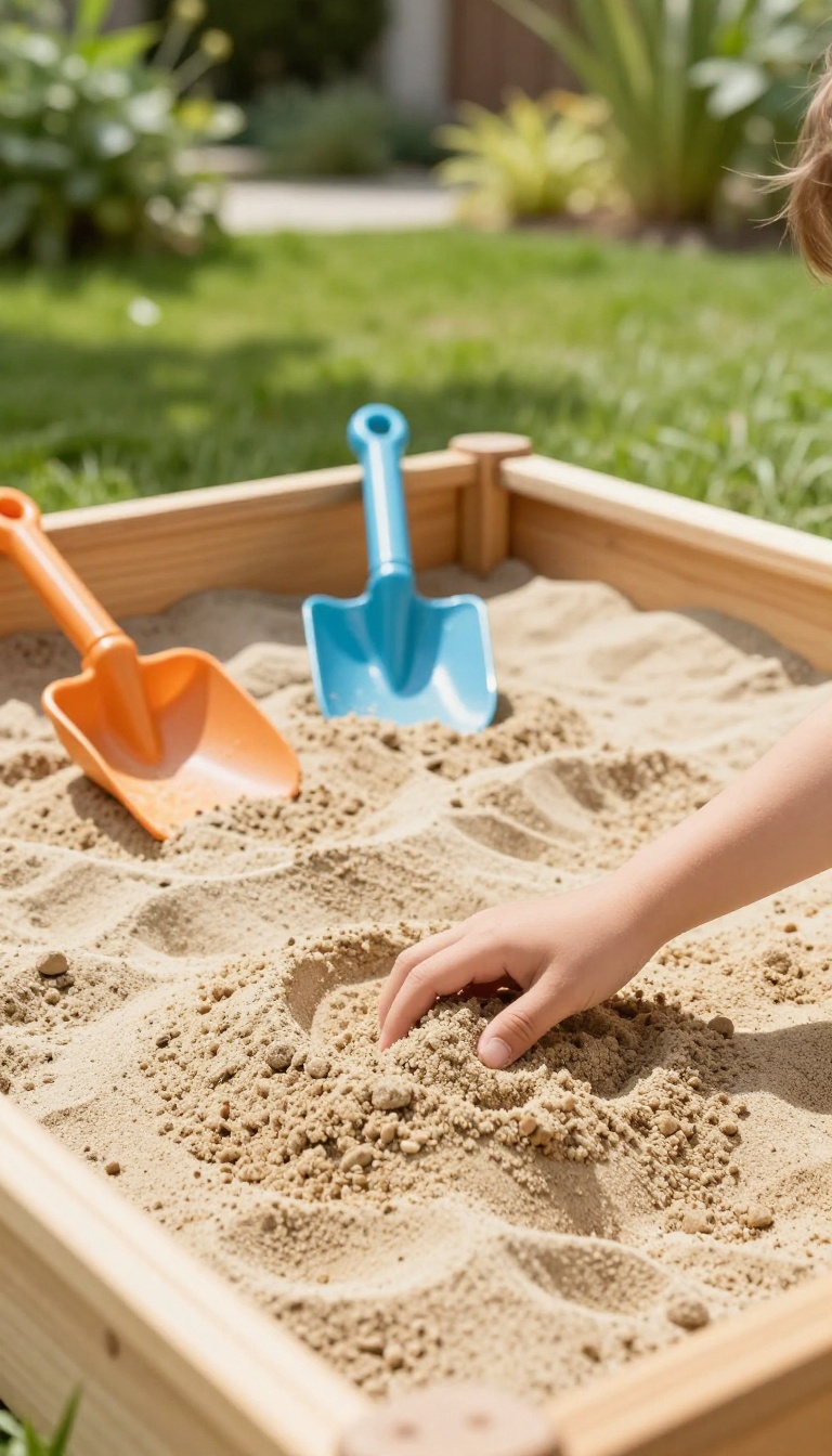 Wooden backyard sandbox with a deep digging zone, play sand, and simple digging tools in dappled shade