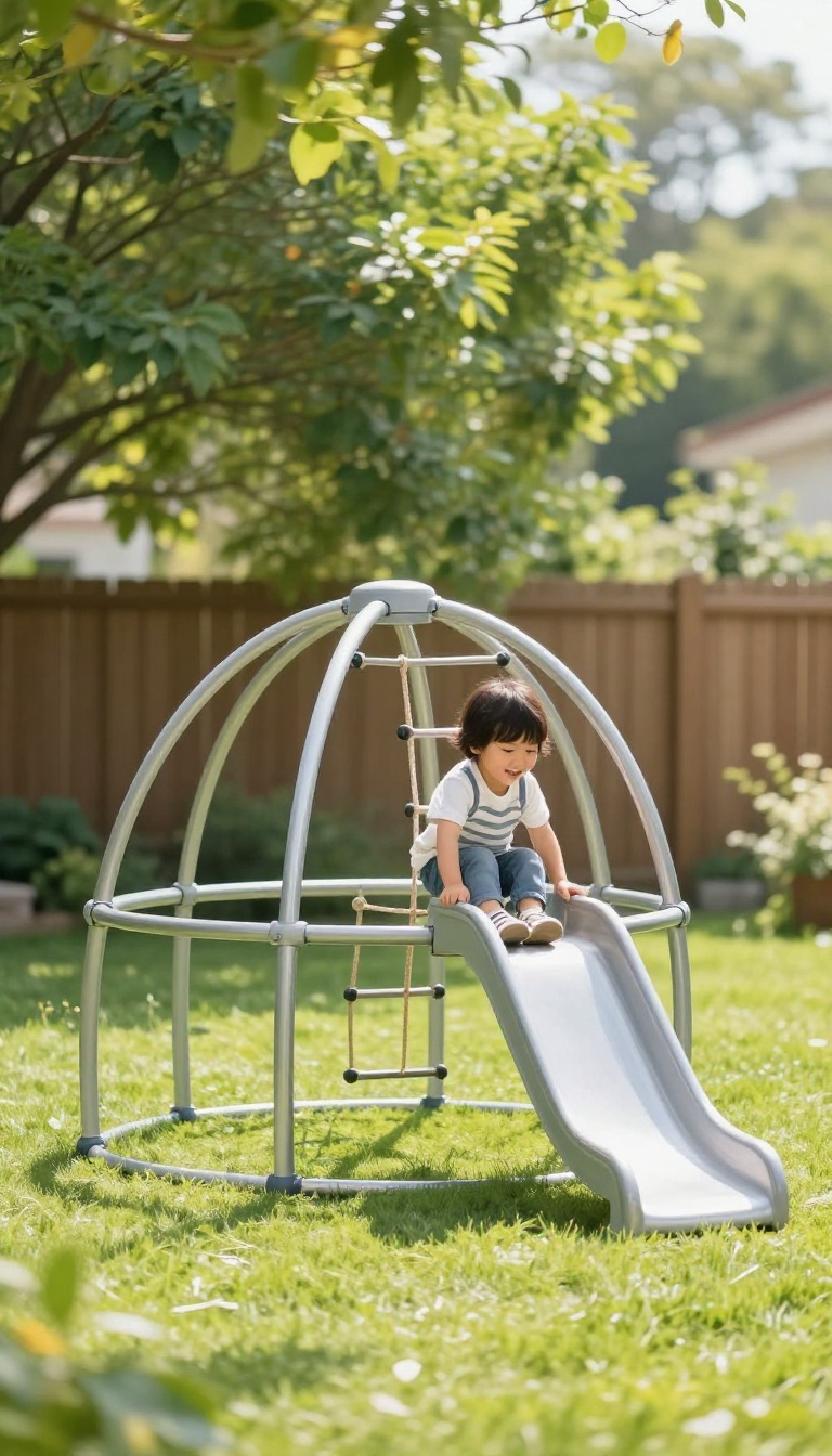 Child climbing on a metal dome play structure in a sunny backyard with a rope ladder and small slide nearby