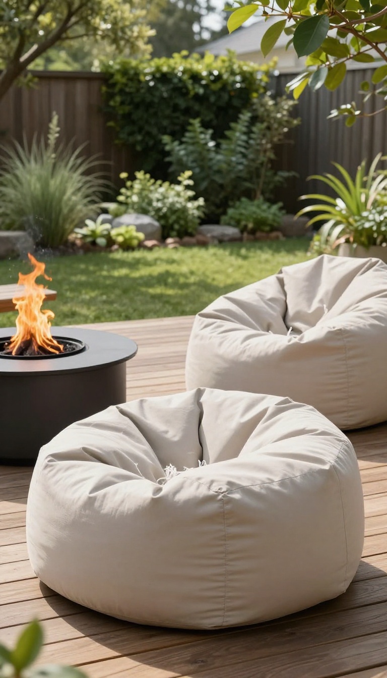 Two oversized outdoor bean bag chairs on a sunlit backyard patio beside a low fire pit and side table