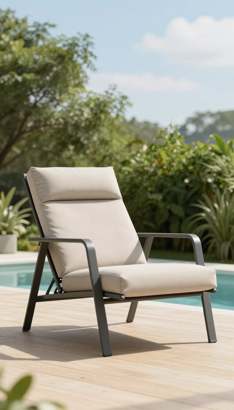 Outdoor lounge chair with adjustable backrest on a sunny patio, surrounded by plants.