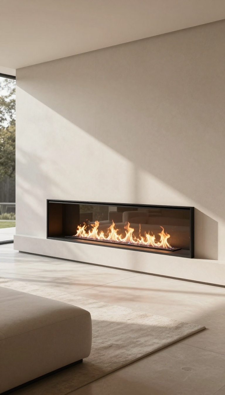 Sleek modern covered patio with a linear gas fireplace, minimalist furniture, and warm glow.