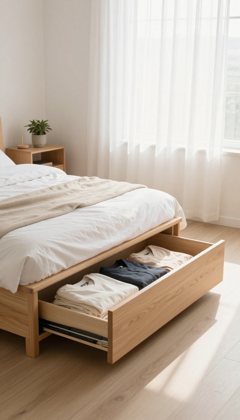 Small bright bedroom with a storage bed with pull-out drawers underneath and clear floor space