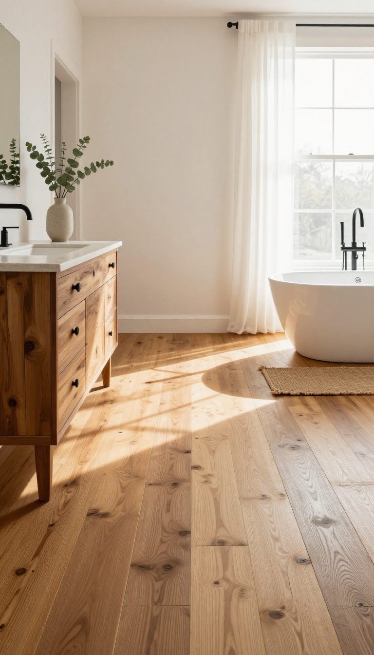 Modern rustic bathroom with warm wood plank flooring, a freestanding tub, and a reclaimed wood vanity in bright natural light