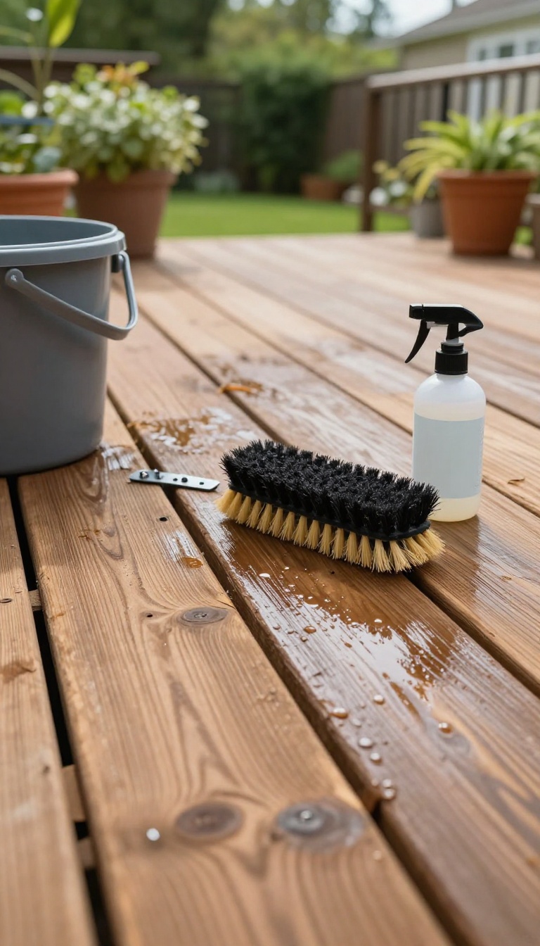 Wooden backyard deck being cleaned and prepped for sealing with a scrub brush, bucket, and sprayer in bright natural light