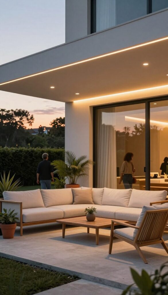A covered patio with smart motion sensor lights turning on as a person walks outside, creating a warm and secure atmosphere.