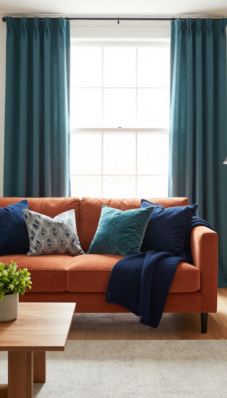 Bright living room with a burnt orange couch styled with navy and teal pillows and a chunky blue throw, framed by soft teal curtains in natural light.