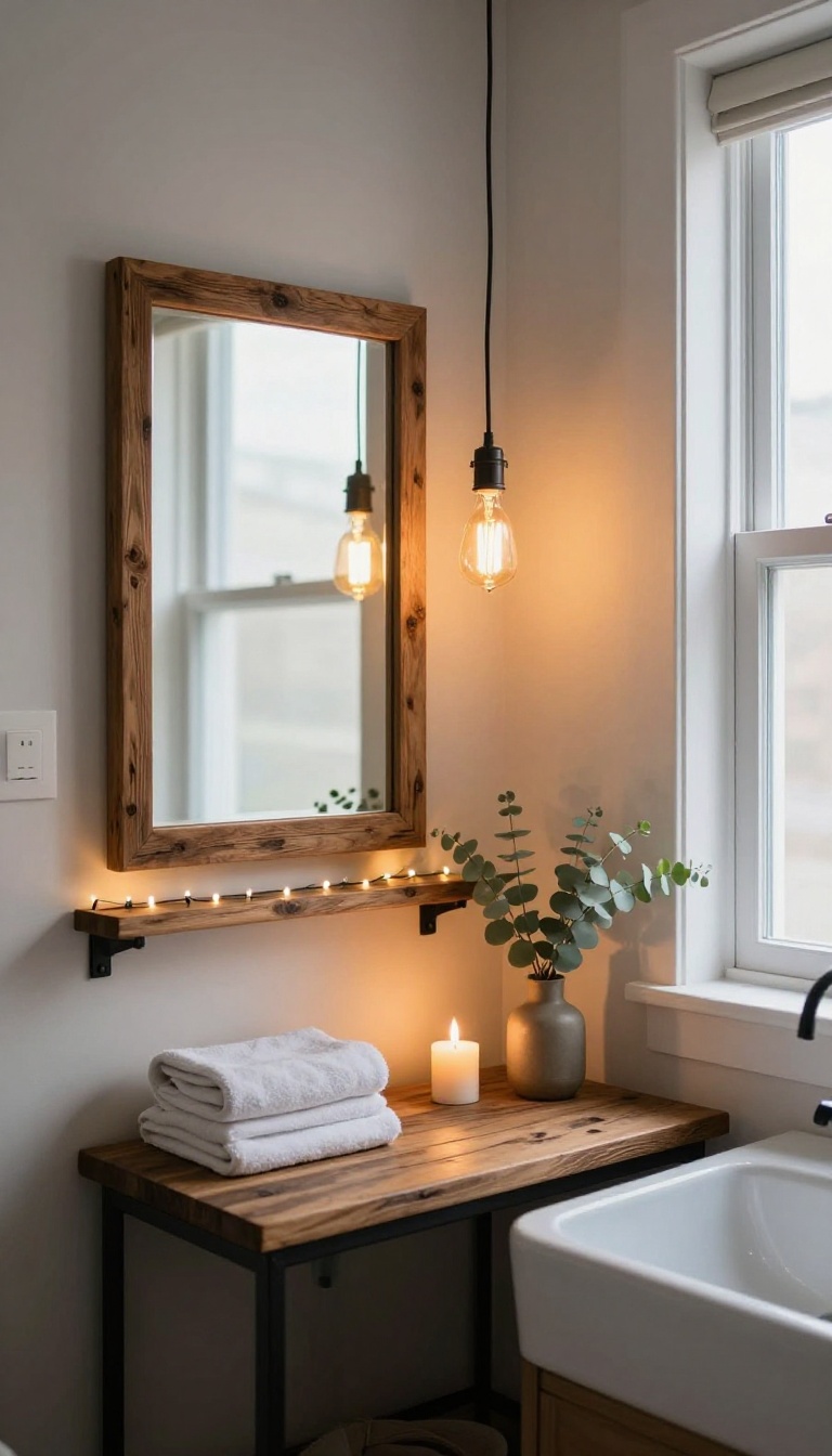 Rustic bathroom vanity with layered Edison bulb pendant lights, string lights, and a small table lamp casting a warm amber glow