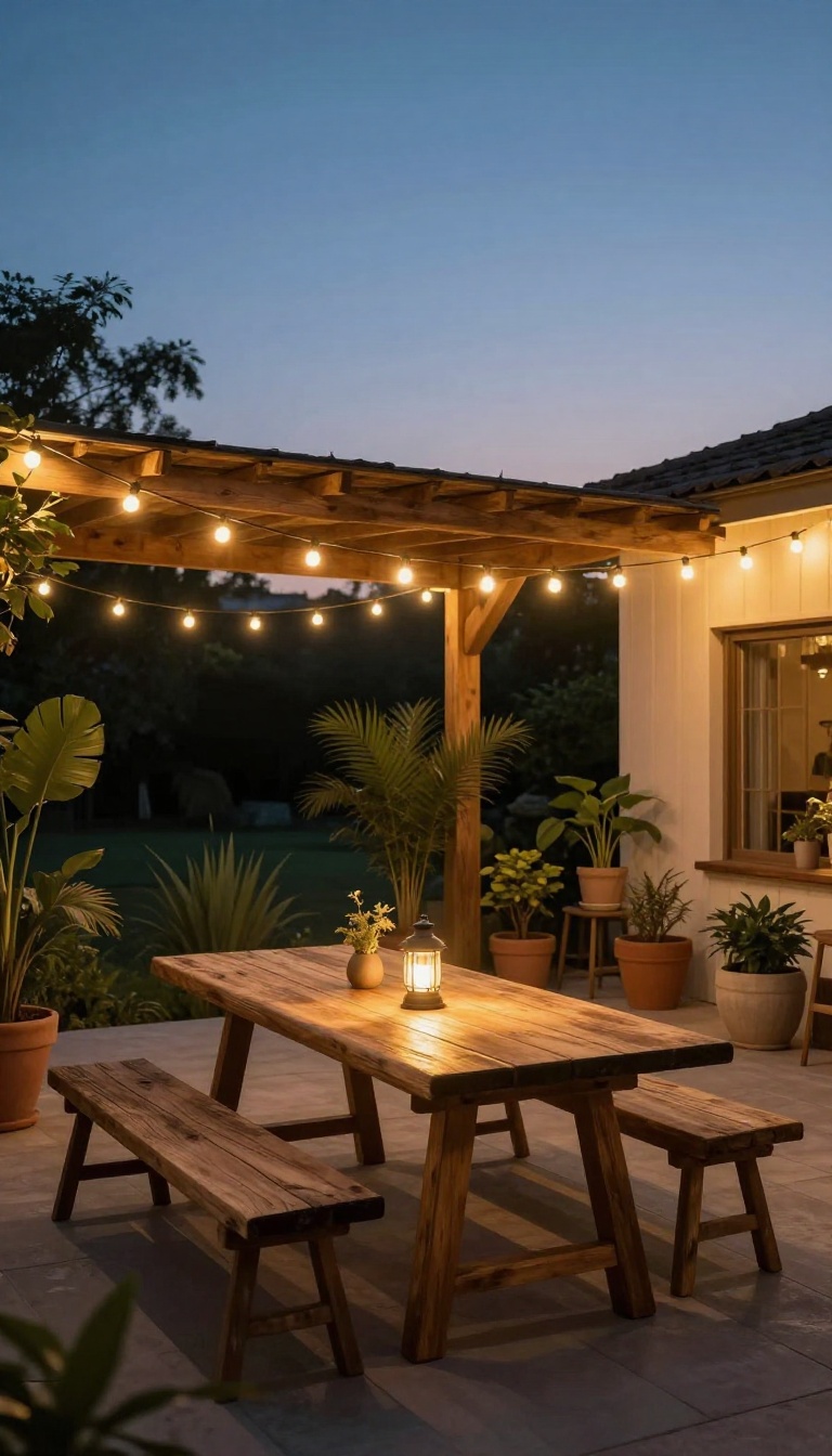 Back patio with warm string lights creating a cozy ambiance at dusk