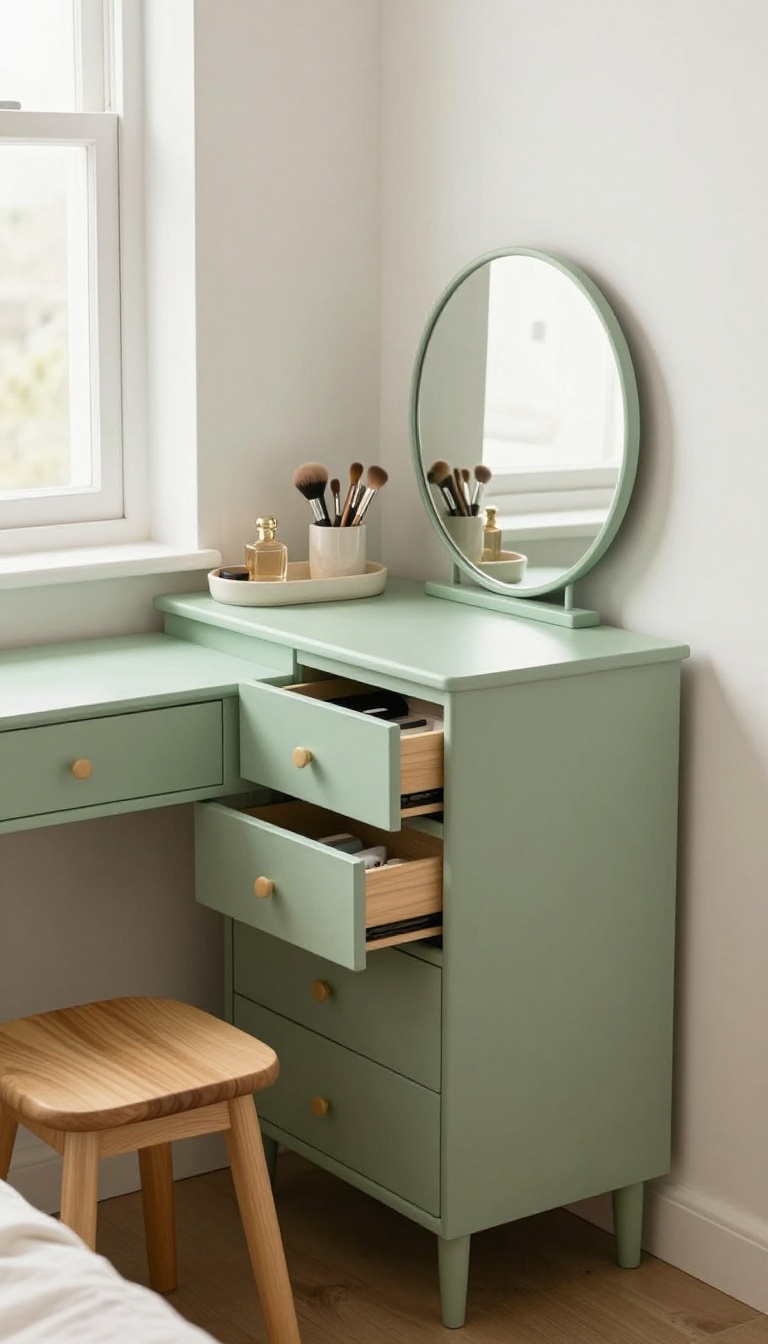 Small thrifted dresser repurposed into a painted bedroom vanity with a leaning mirror, stool, and organized makeup tray in a bright corner