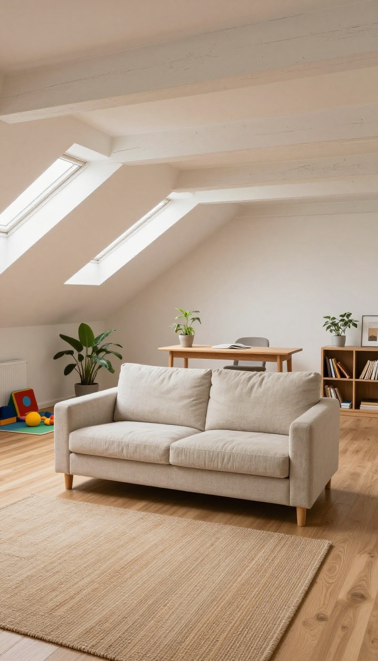 Bright attic living room divided into zones with a large area rug, a slim console table behind the sofa, and an open bookshelf separating a seating area from a home office and play corner.
