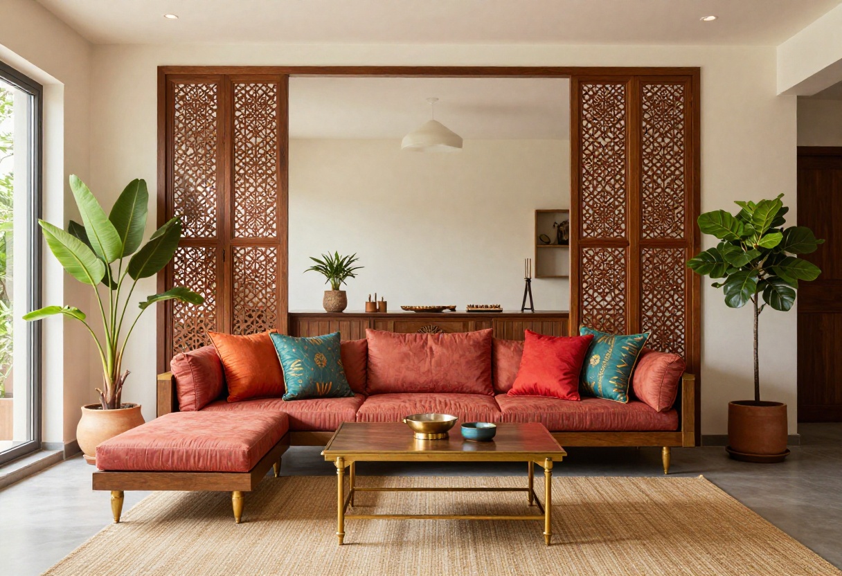 Stylish Indian living room with low seating, colorful cushions, brass decor, and jali screen
