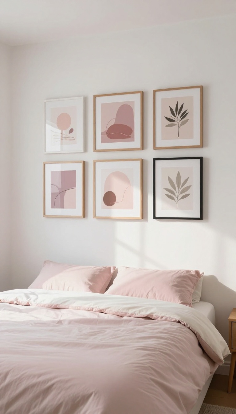 Small bright bedroom with a tight gallery wall of pink and neutral framed art prints above a bed with soft pink bedding