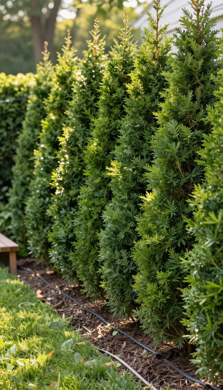 Tall evergreen shrub hedge creating a natural privacy screen along a backyard property line in soft morning light