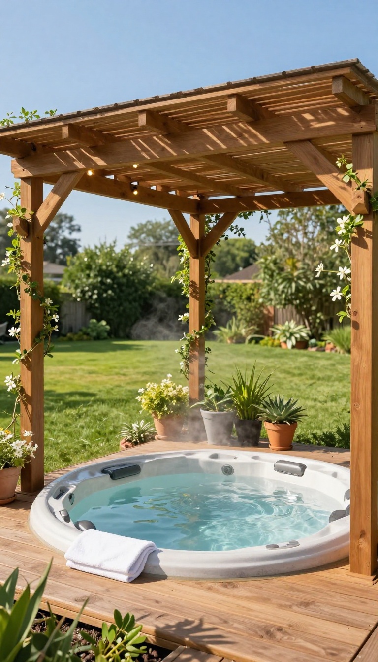 Small hot tub under a wooden pergola with climbing vines, string lights, and dappled sunlight in a cozy backyard retreat