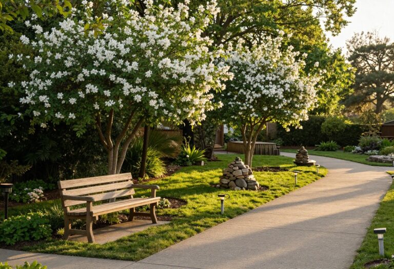 Peaceful backyard memorial garden with a bench, tree, and stone cairn at sunset