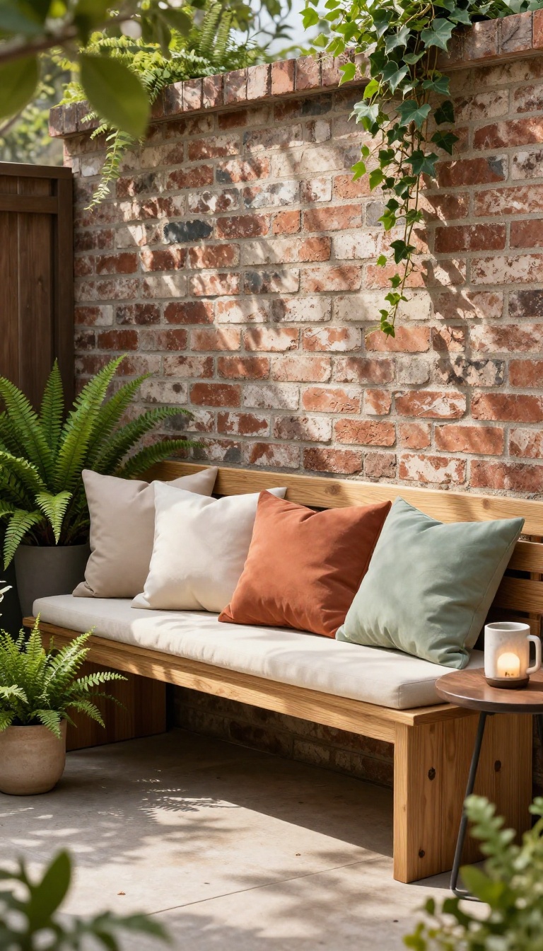 Cozy courtyard seating nook with a built-in wooden bench against a brick wall, layered cushions, lantern, and potted plants in warm natural light
