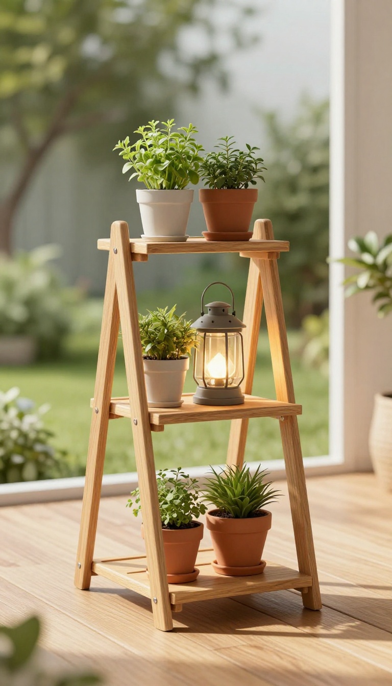 Small patio corner with a wooden corner shelf displaying plants and decor