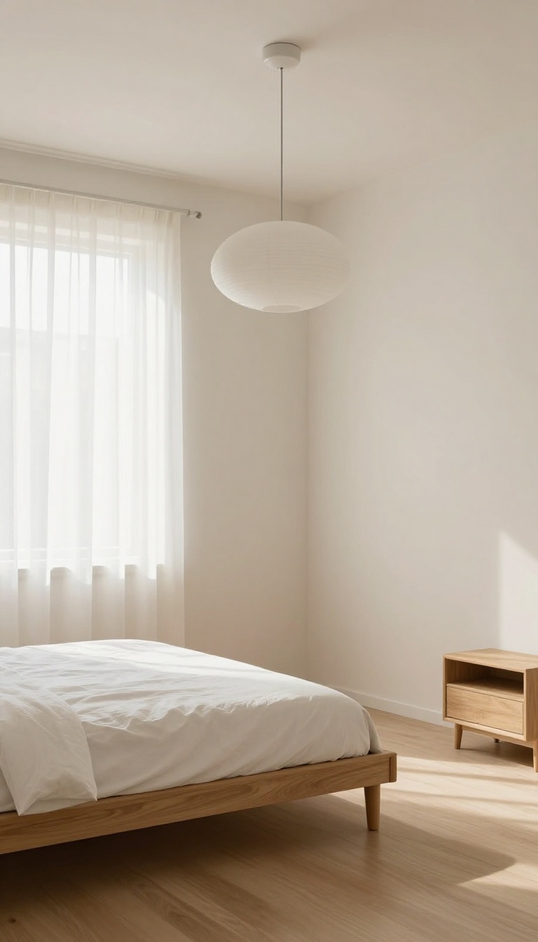 Minimalist small bedroom with one sculptural pendant light as the focal point and clean, uncluttered surfaces