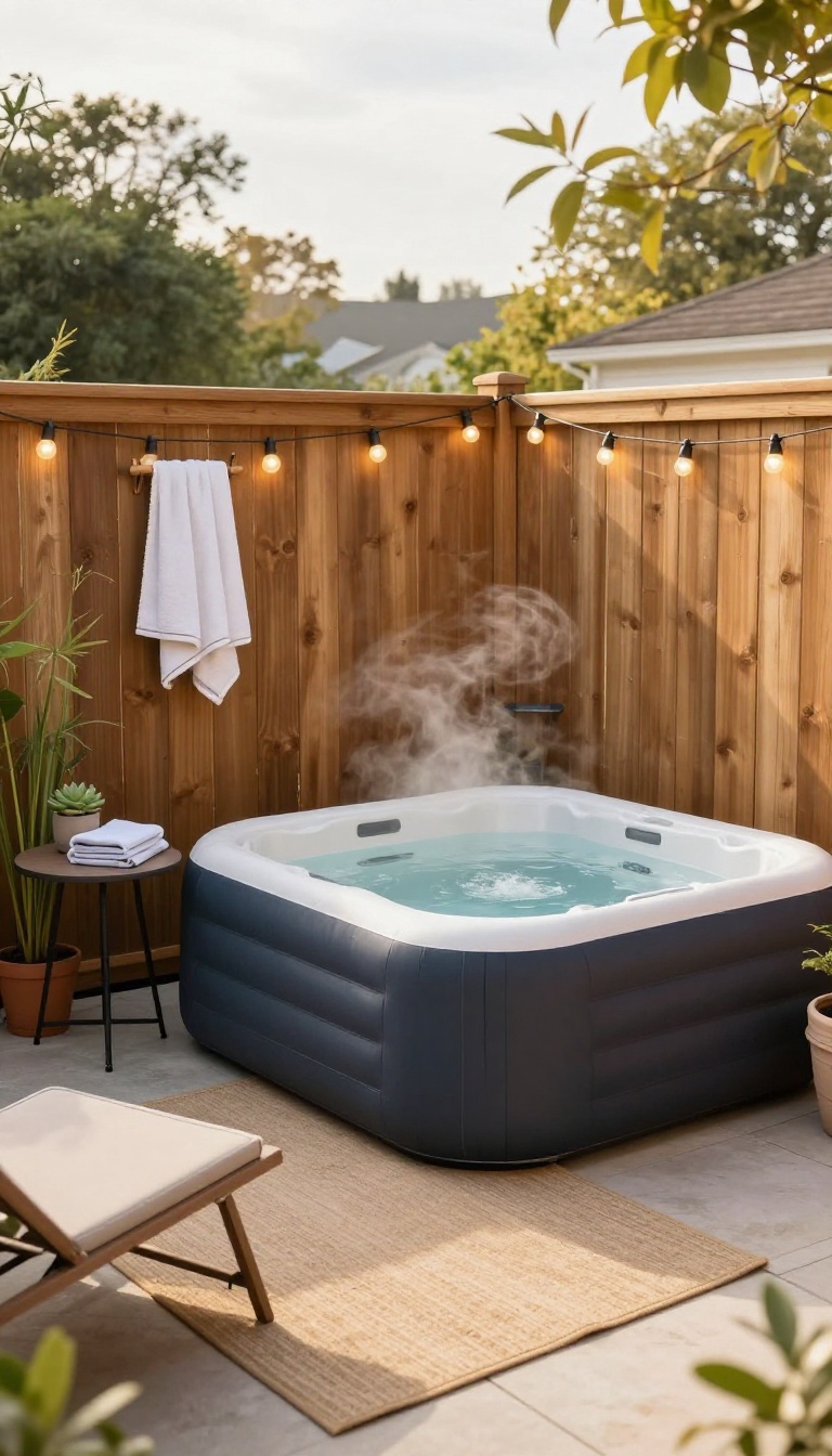 Square inflatable hot tub tucked into a cozy fenced patio corner with string lights, side table, and towel hook