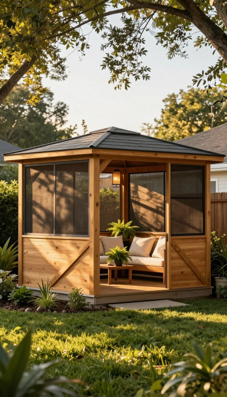 Backyard gazebo with solid cedar panels on two sides and mesh screens on the others, styled with cozy seating and plants in bright natural light