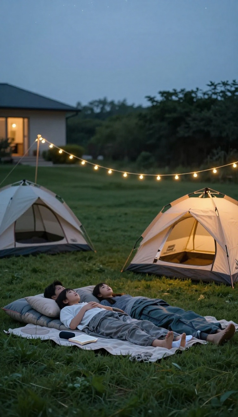 Family lying in sleeping bags under string lights in a backyard campsite at dusk