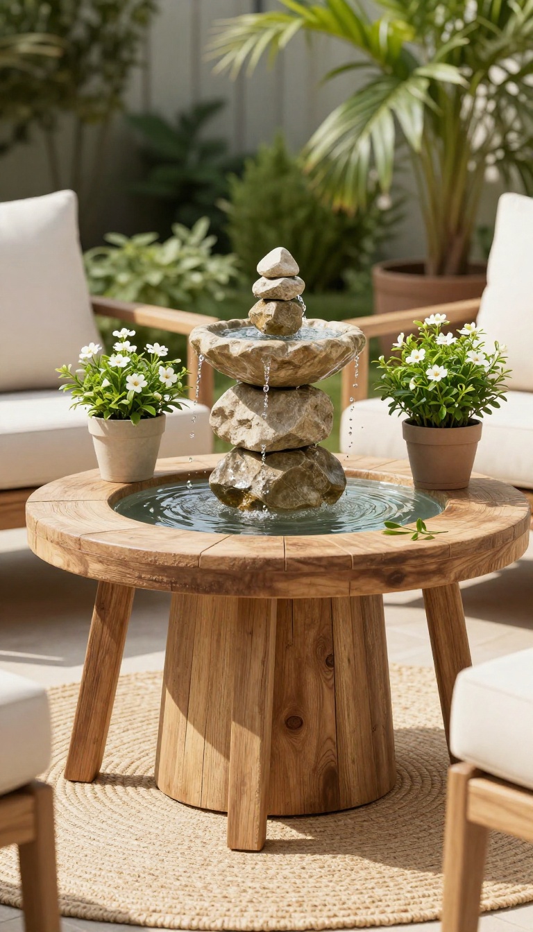 Small patio with a compact stone tabletop fountain surrounded by potted plants, creating a calm outdoor retreat.